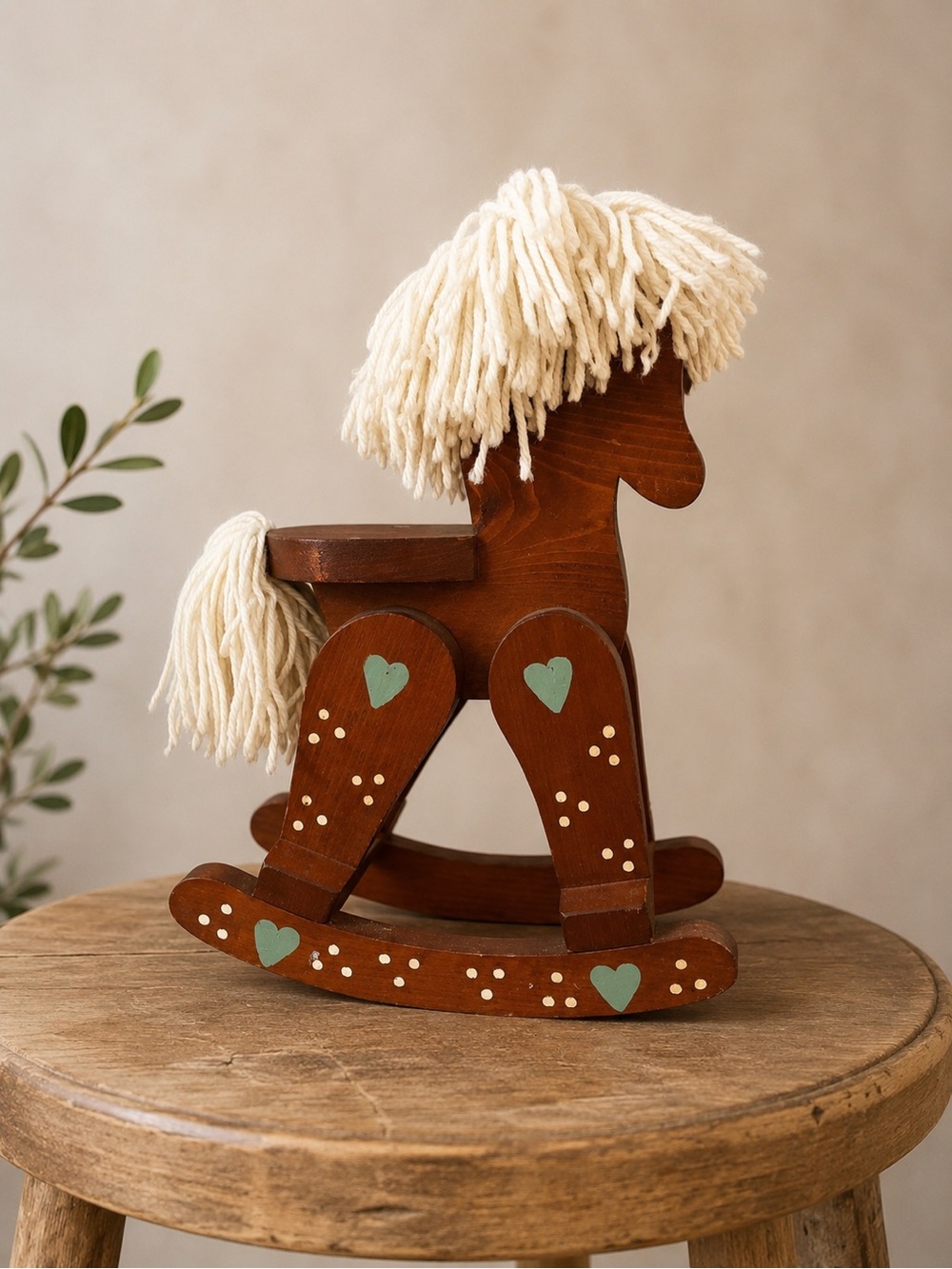Handmade Wooden Rocking Horse with Cream Yarn Mane